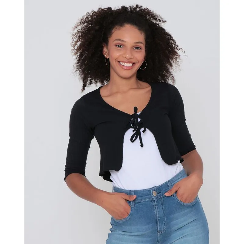 Casaquinho Amarração Malha Canelada Cropped Preto M
