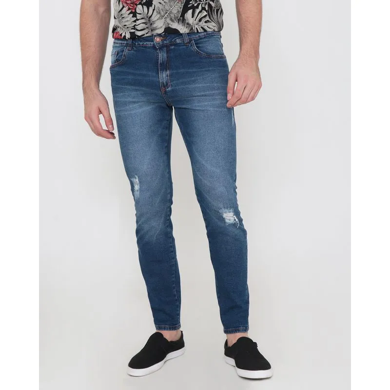 Calça Jeans Masculina Skinny Puídos Estonada Azul 36