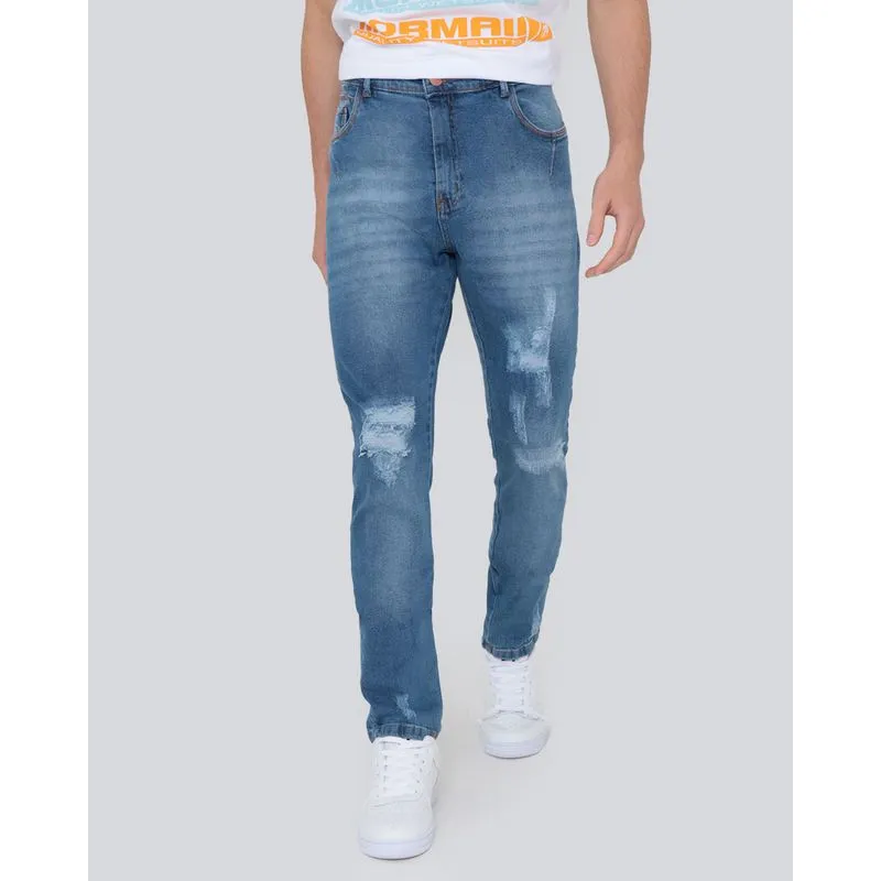 Calça Jeans Masculina Skinny Destroyed Costura Azul 42