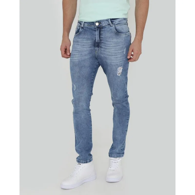 Calça Jeans Masculina Skinny Puídos Azul 46