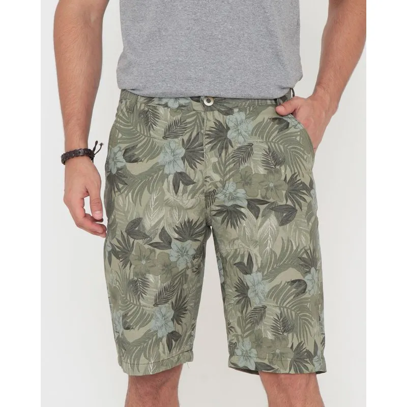 Bermuda Masculina Sarja Reta Floral Verde 44