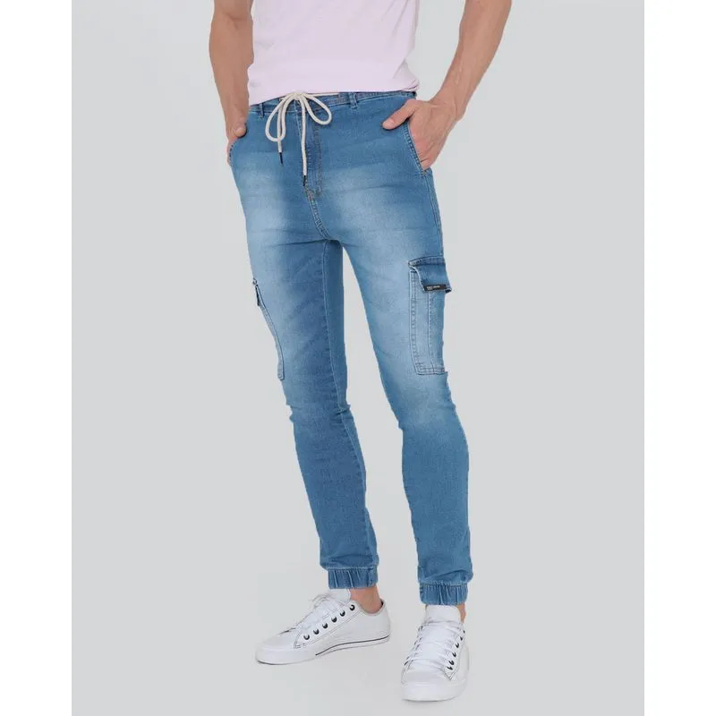 Calça Jeans Masculina Bolsos Cargo Jogger Azul 40
