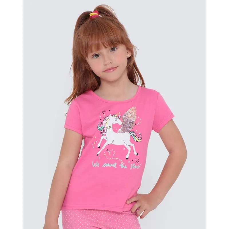 Blusa Infantil Estampa Unicórnio Paetês Refletidos Rosa 6