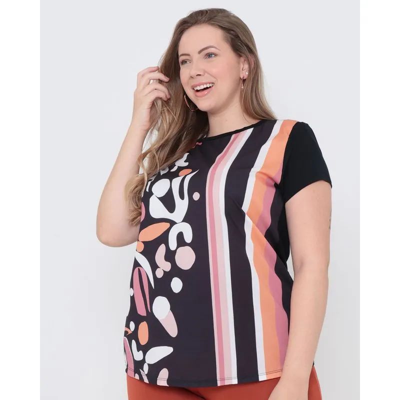 Blusa Plus Size Manga Curta Listras Preta G2