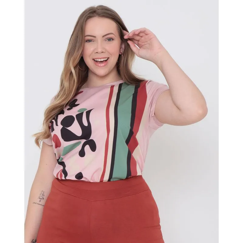 Blusa Plus Size Manga Curta Listras Rosa G1