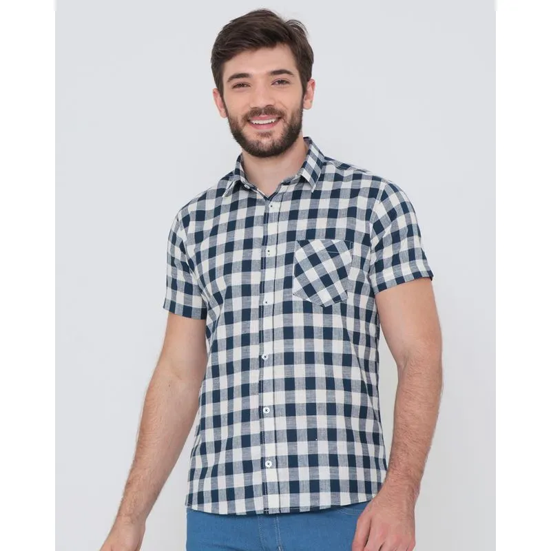 Camisa Masculina Xadrez Azul e Bege 4