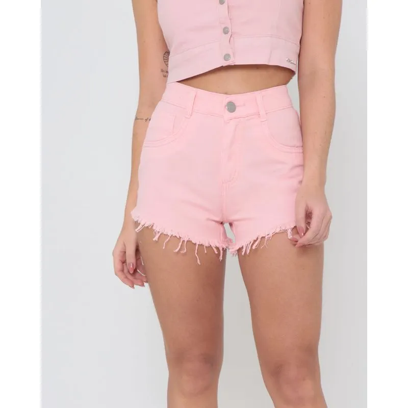 Short Jeans Barra Desfiada Rosa Claro 46