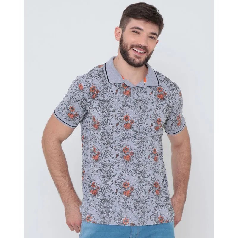 Polo Masculina Manga Curta Floral Mescla Cinza GG