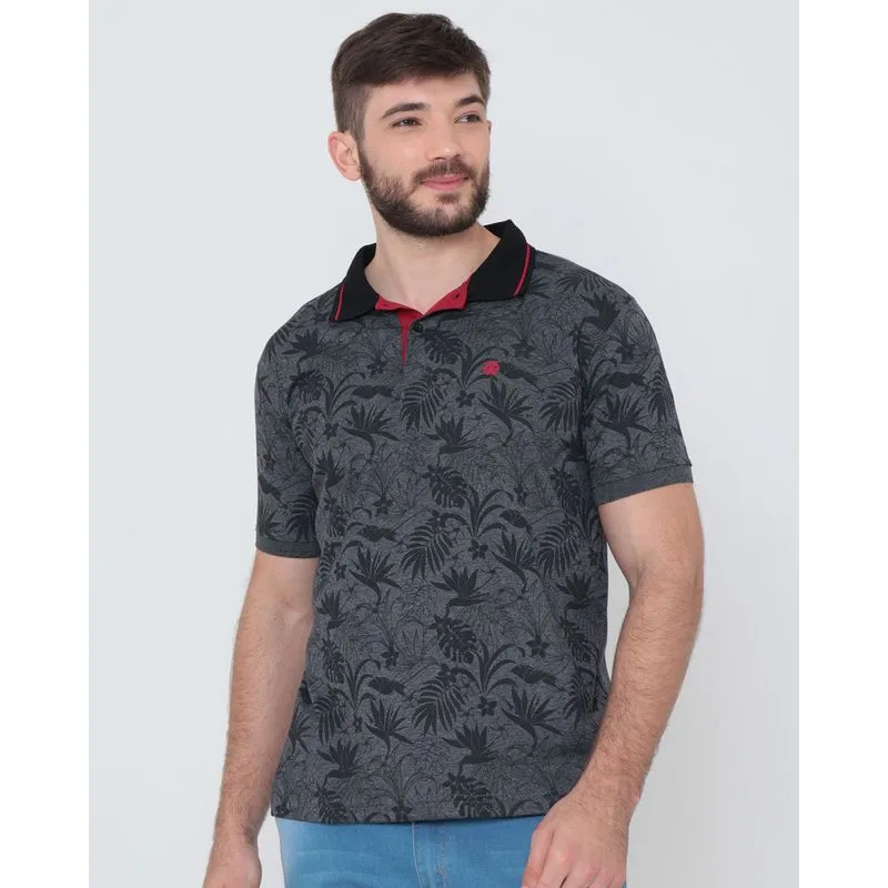 Polo Masculina Manga Curta Floral Mescla Cinza Escuro G