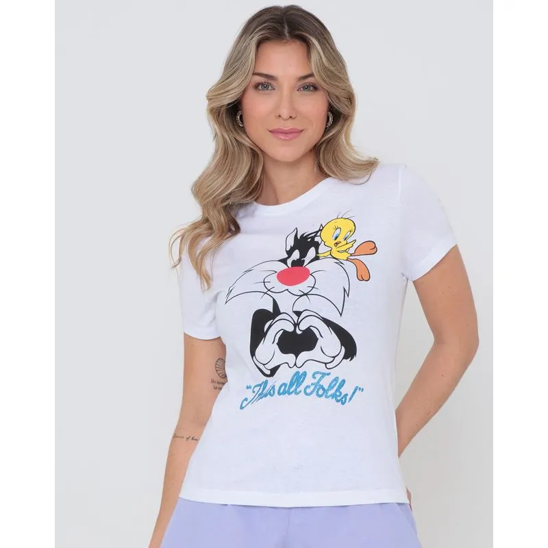 Blusa Estampa Piu-Piu e Frajola Looney Tunes Branca G