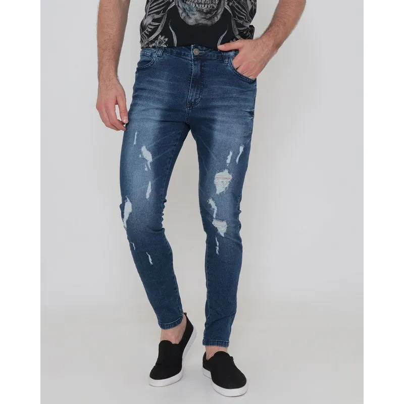 Calça Jeans Masculina Skinny Destroyed Azul 48