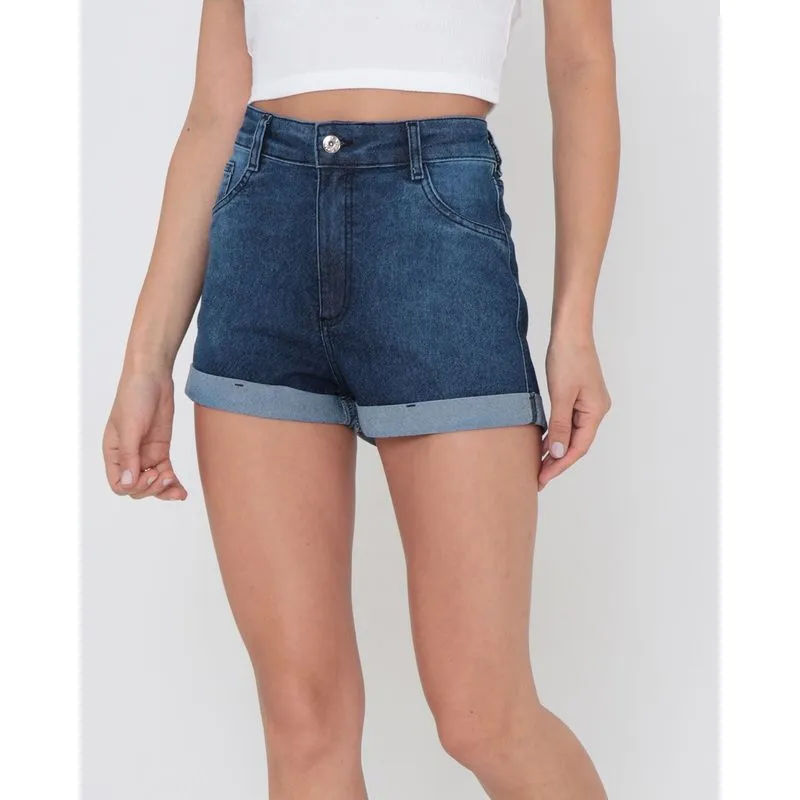 Short Jeans Feminino Barra Dobrada Básico Azul Escuro 40