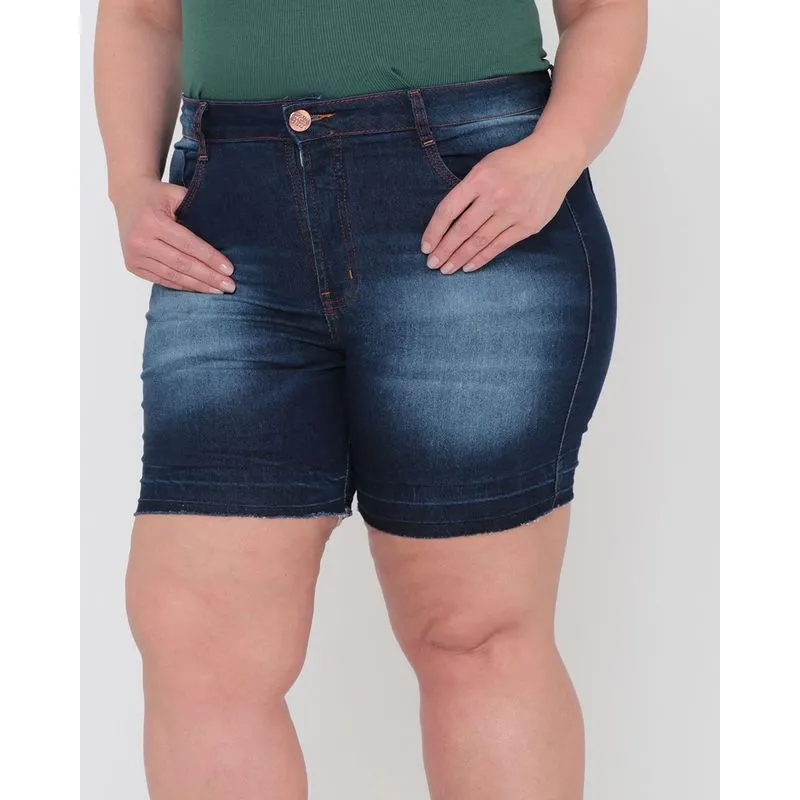 Short Jeans Feminino Plus Size Detalhe Na Barra Azul 48