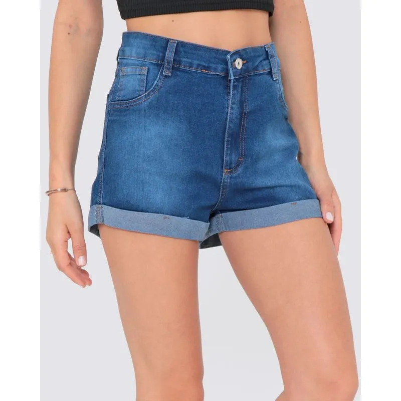 Short Jeans Feminino Barra Dobrada Denim Azul 42