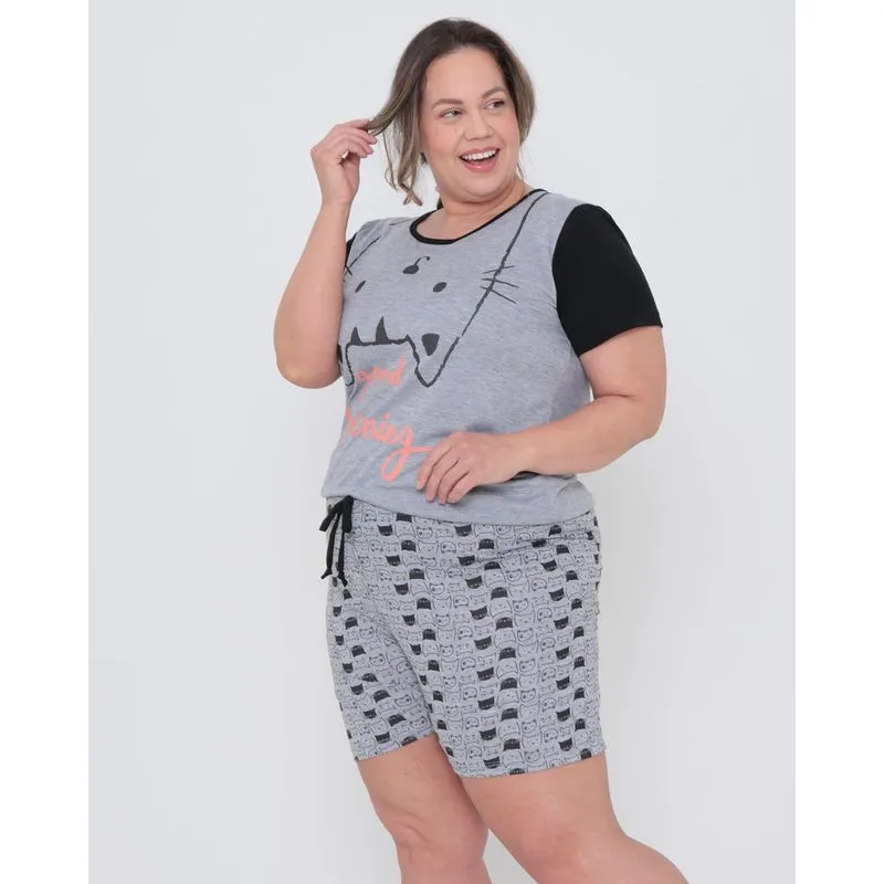 Pijama Feminino Curto Plus Size Estampa Gatos Cinza Claro G1