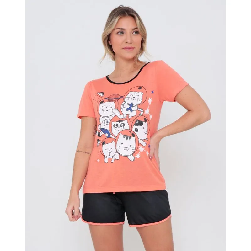 Pijama Feminino Curto Glitter Gatinhos Laranja GG