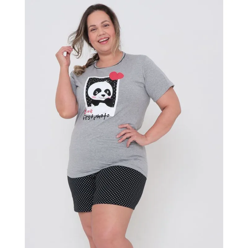 Pijama Feminino Curto Plus Size Estampa Panda Cinza Claro 50