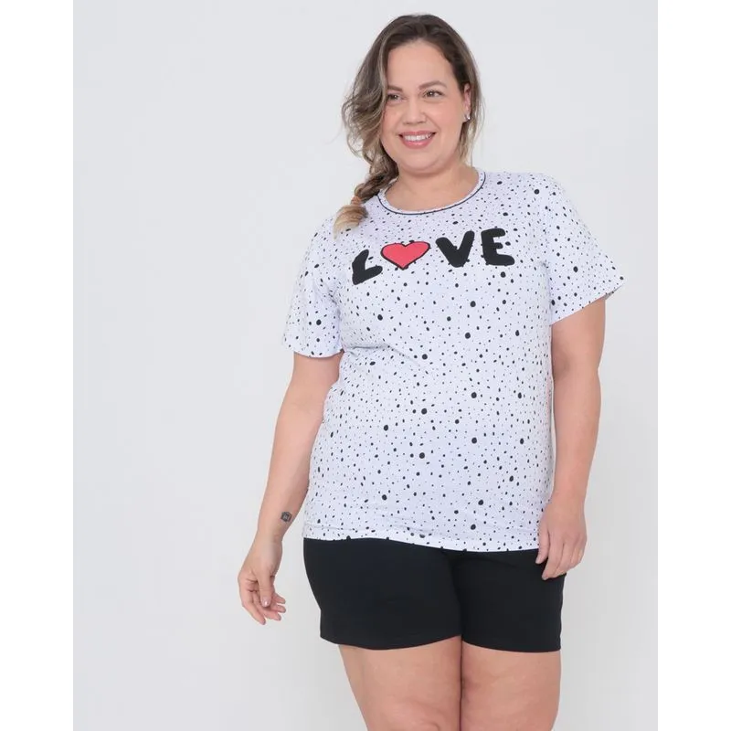 Pijama Feminino Curto Plus Size Estampa Love Branco 54