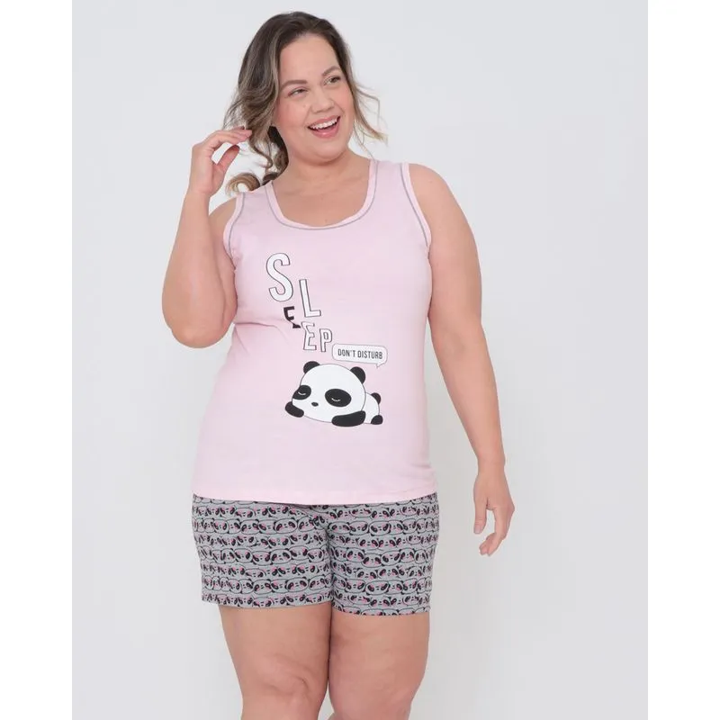 Pijama Feminino Curto Plus Size Estampa Panda Rosa Claro 54