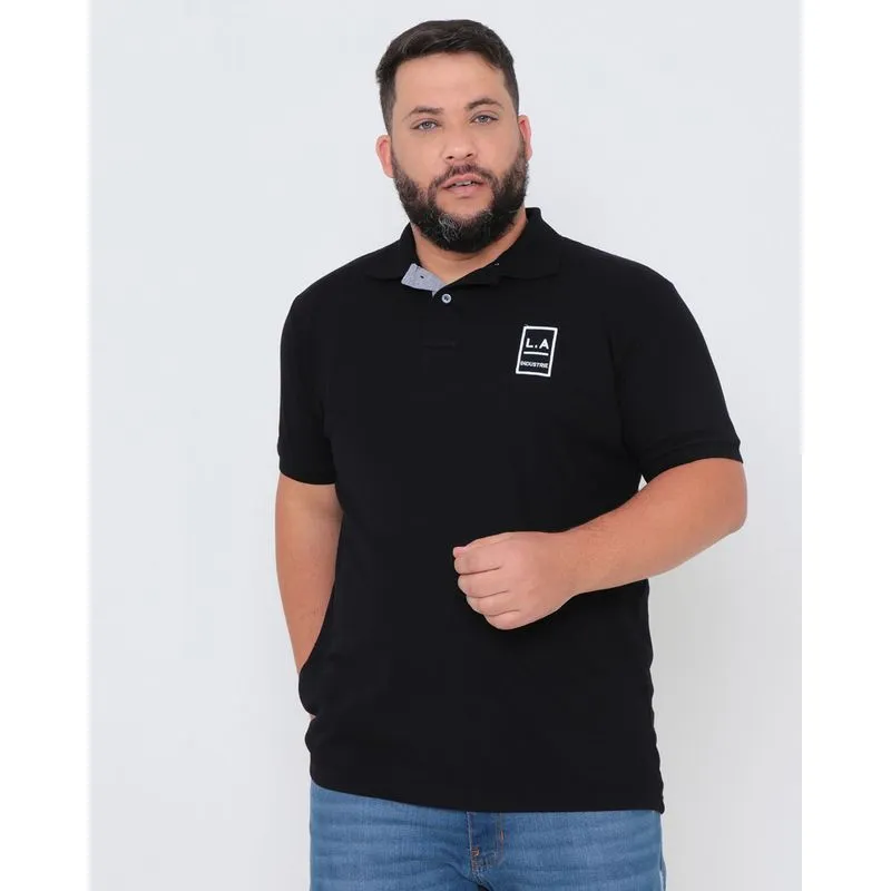 Polo Masculina Plus Size Piquet Estampa L.A. Preta G2