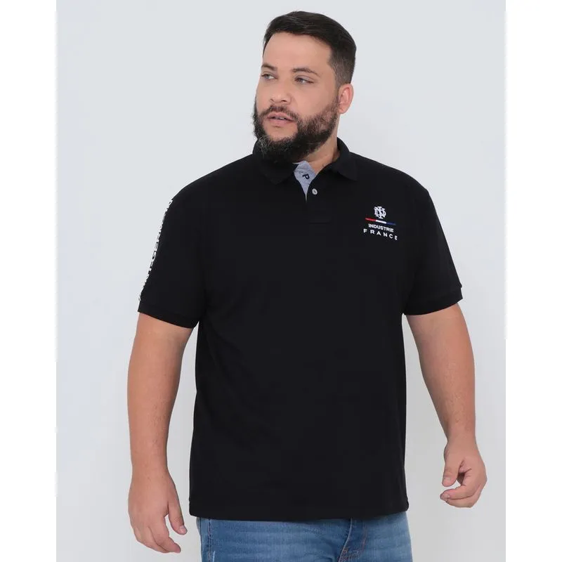 Polo Masculina Plus Size Piquet Bordado Preta G2