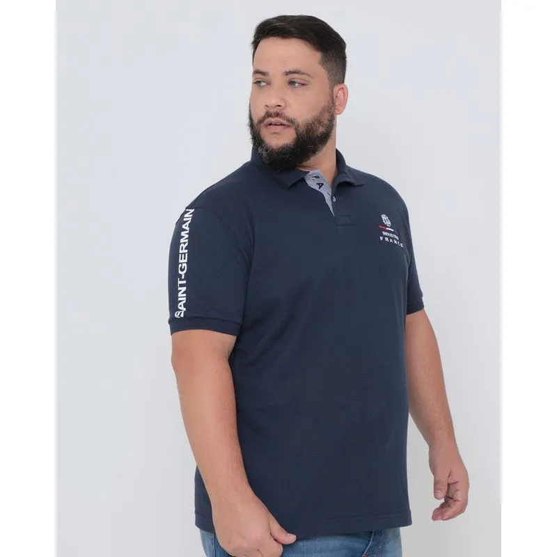 Polo Masculina Plus Size Piquet Bordado Azul Marinho G3