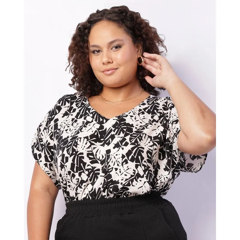 Blusa Plus Size Feminina Viscose Manga Curta Estampada Preta G3