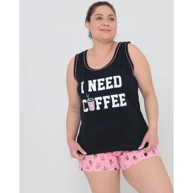 Pijama Plus Size Feminino Estampa Café Preto 54
