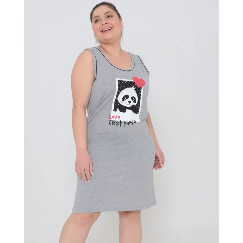 Camisola Regata Plus Size Estampa Panda Cinza Claro 50