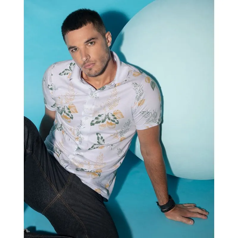 Camisa Masculina Manga Curta Estampada Floral Branca P