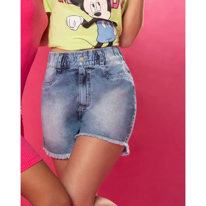 Short Jeans Feminino Cintura Alta Marmorizado Azul Claro 42