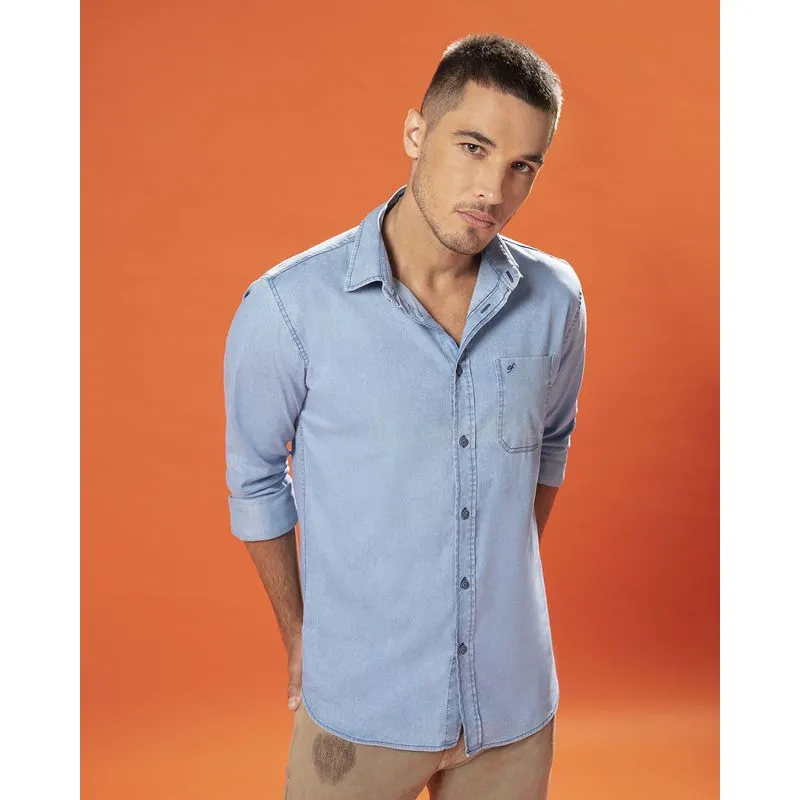Camisa Jeans Masculina Básica Denim Azul Claro GG