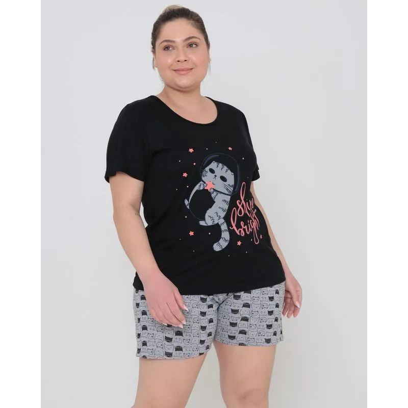 Pijama Plus Size Feminino Estampa Gato Preto G1