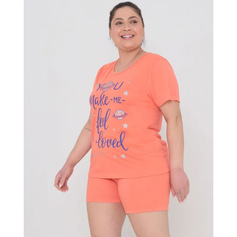Pijama Plus Size Feminino Estampa Estrelas Laranja G3
