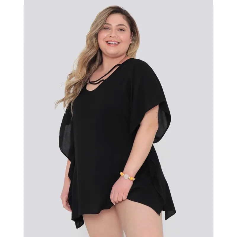 Saída De Praia Plus Size Vestido Decote V e Tiras Preto G3