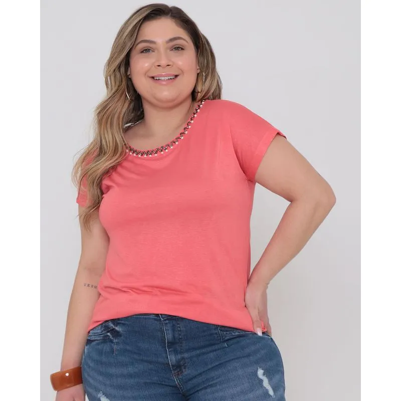 Blusa Plus Size Bordado Pérolas Manga Curta Rosa G3