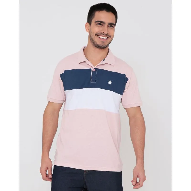 Polo Masculina Recortes Manga Curta Rosa Claro P