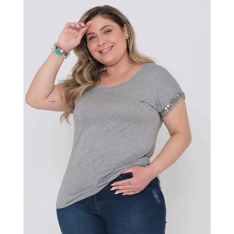 Blusa Plus Size Tachas Manga Curta Mescla Cinza G2