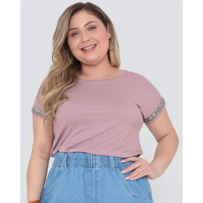 Blusa Plus Size Tachas Manga Curta Rosê G2