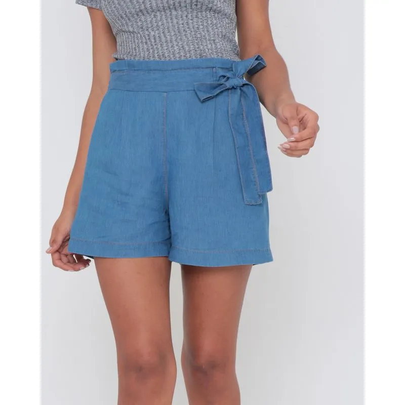 Short Jeans Feminino Com Babado Azul P