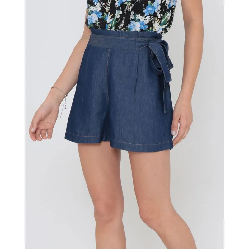 Short Jeans Feminino Com Babado Azul Escuro M