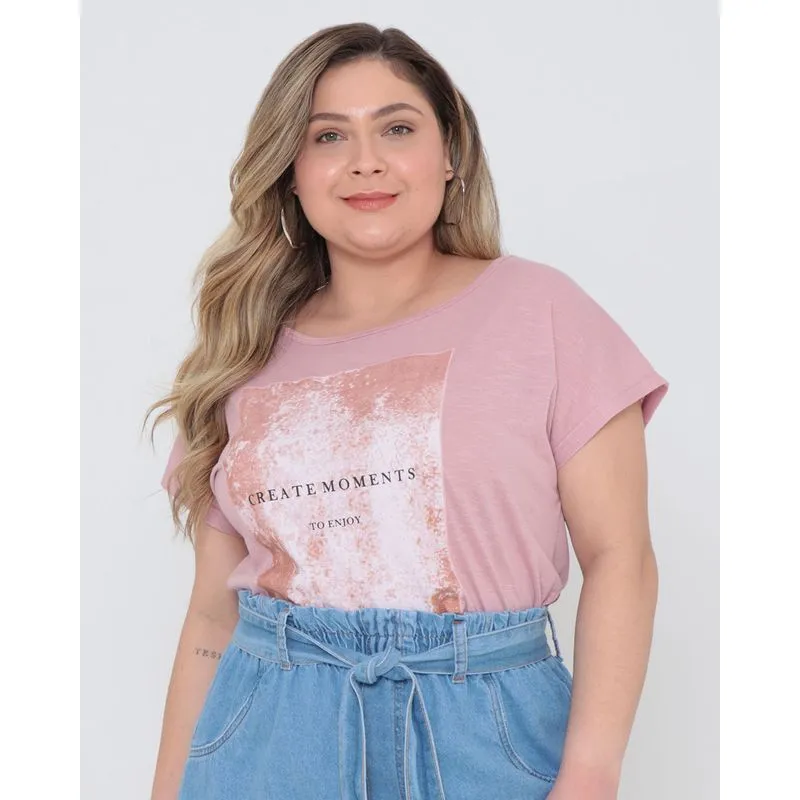 Blusa Plus Size Estampa Brilho Manga Curta Rosê G2