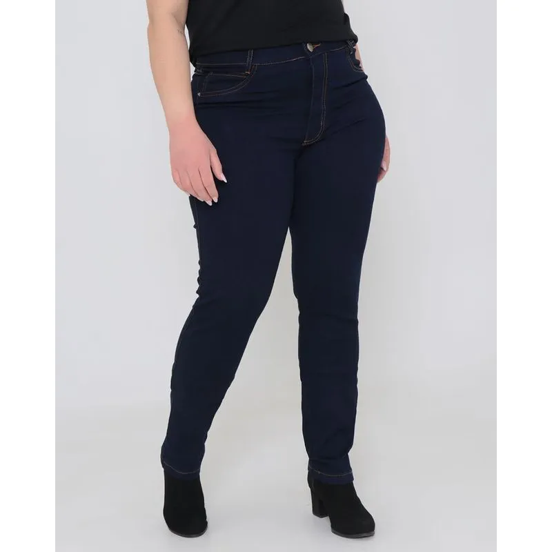 Calça Jeans Feminina Plus Size Elástico Básica Azul Escuro 50