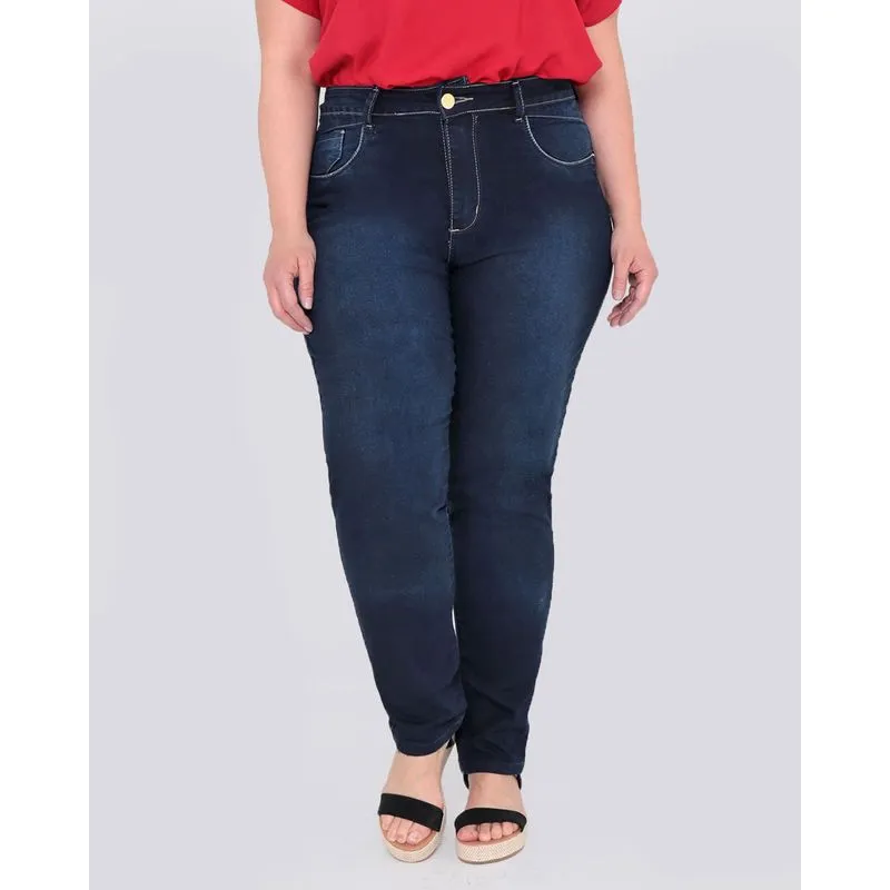Calça Jeans Feminina Plus Size Reta Azul Escuro 54
