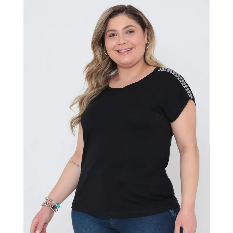 Blusa Plus Size Bordado Ombro Manga Curta Preta G3