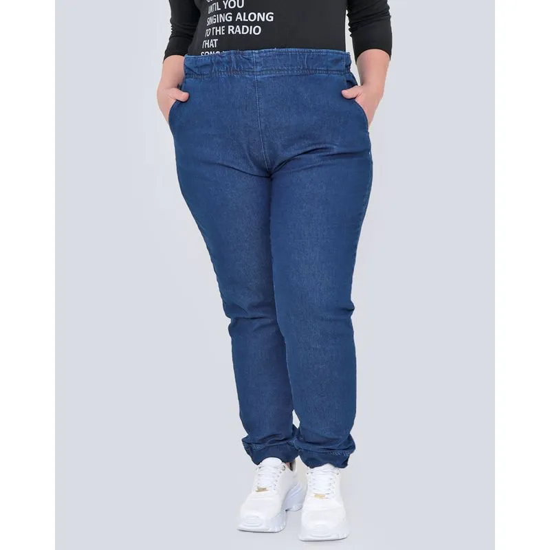 Calça Jeans Feminina Plus Size Jogger Azul Escuro 50