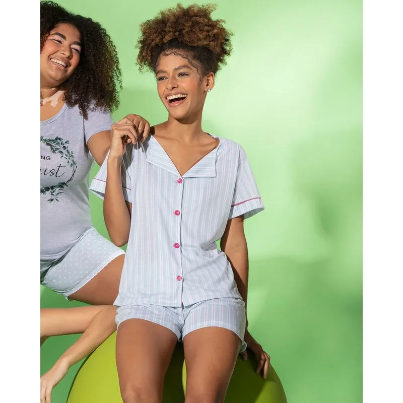 Pijama Feminino Curto Listrado Azul Claro GG