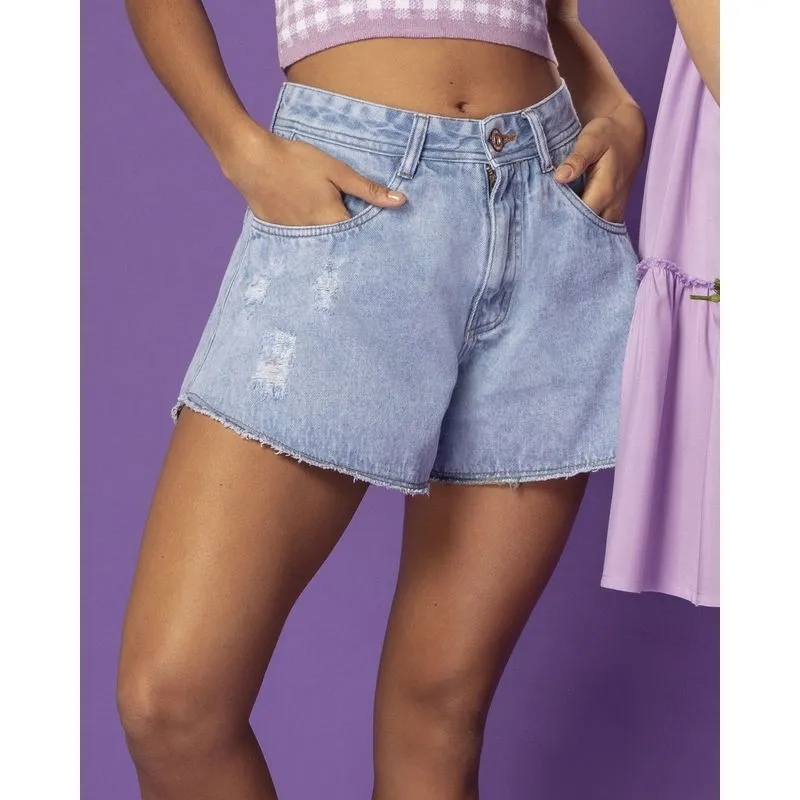 Short Jeans Feminino Godê Puídos Azul Claro 36
