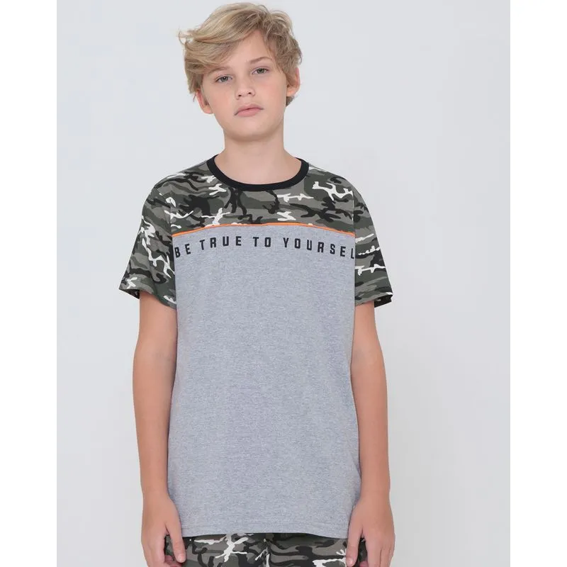 Camiseta Juvenil Manga Curta Estampa Camuflada Cinza 14