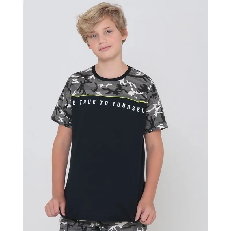 Camiseta Juvenil Manga Curta Estampa Camuflada Preta 14